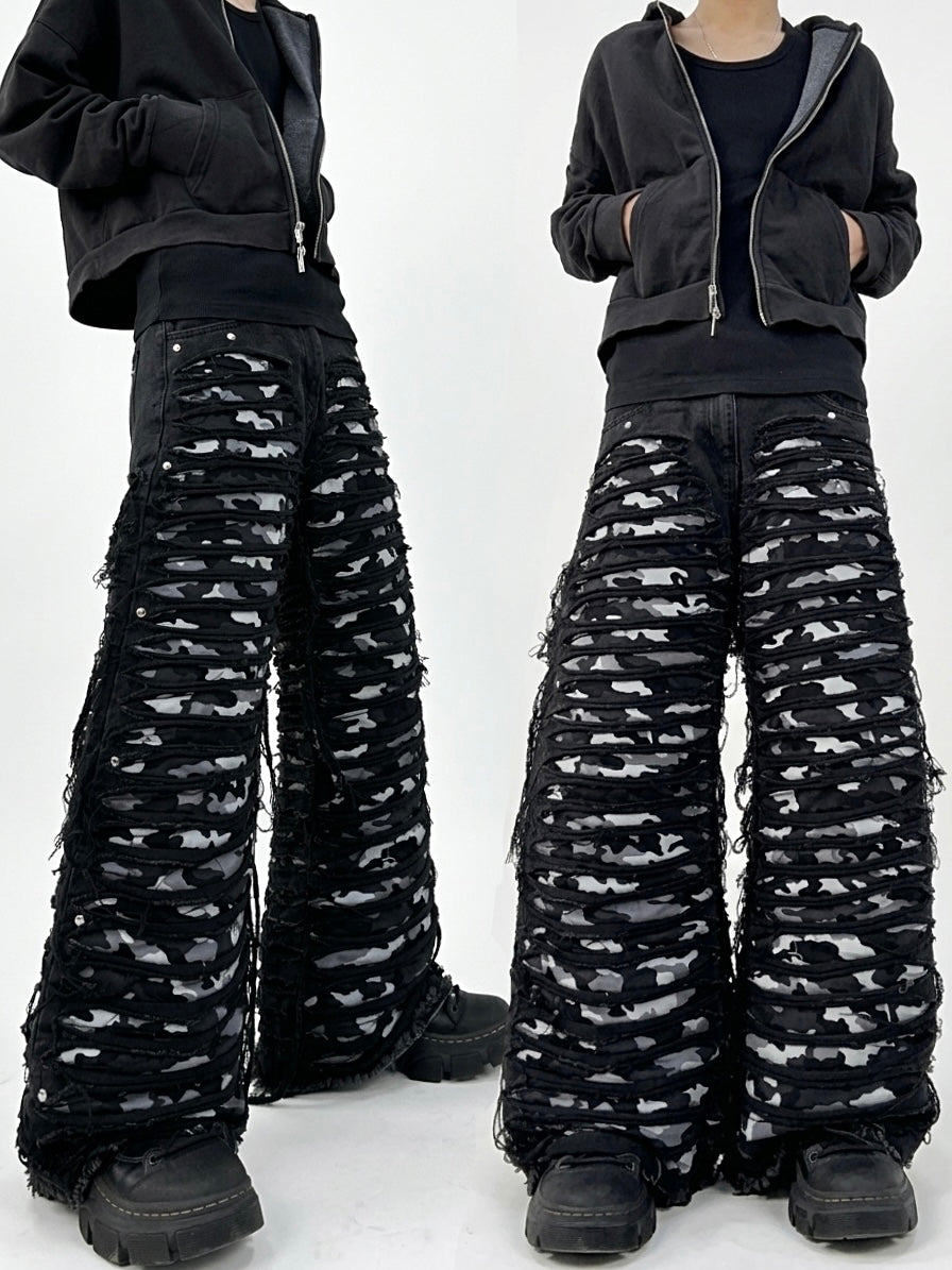 ZENEZ DESTROYED BLACK CAMO PANTS